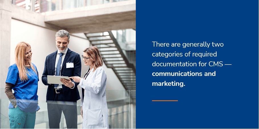 Two categories of required documentation for CMS, communications and marketing